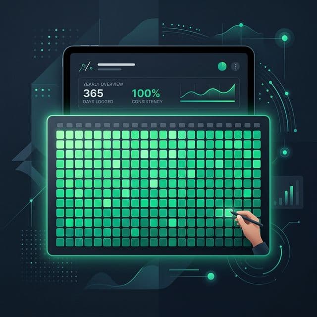 A glowing green consistency heatmap grid representing flexible habit tracking